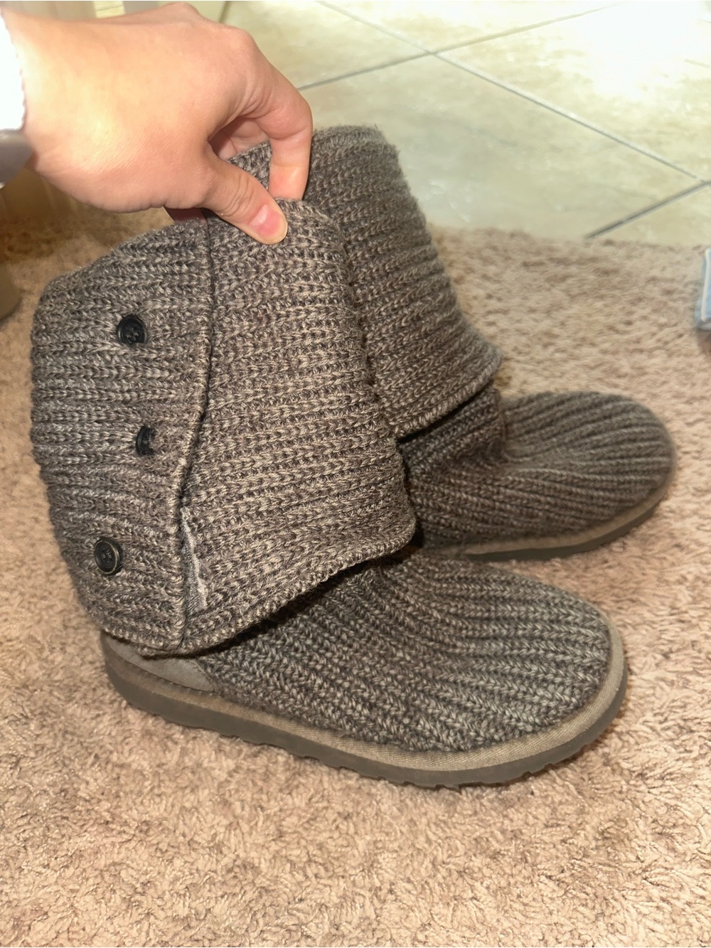 UGG Kids Knit Fold-Over Boots in Brown-Gray